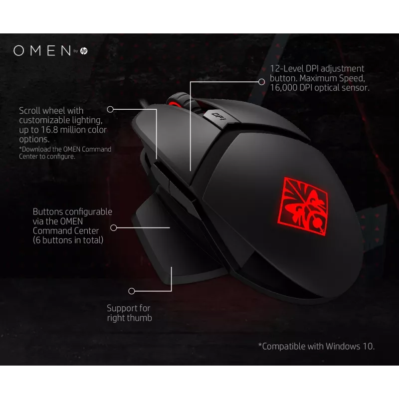 HP OMEN by Reactor mysz, praworęczna, optyczna, USB Type-A, 16000 DPI, 0,2 ms, czarna