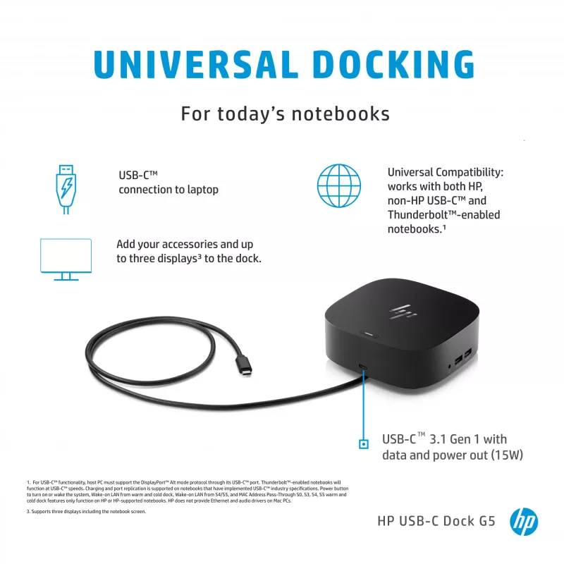 HP USB-C Dock G5, Przewodowa, USB 3.2 Gen 1 (3.1 Gen 1) Type-C, Czarny, Czarny, Chiny, Tajlandia, Meksyk, HP