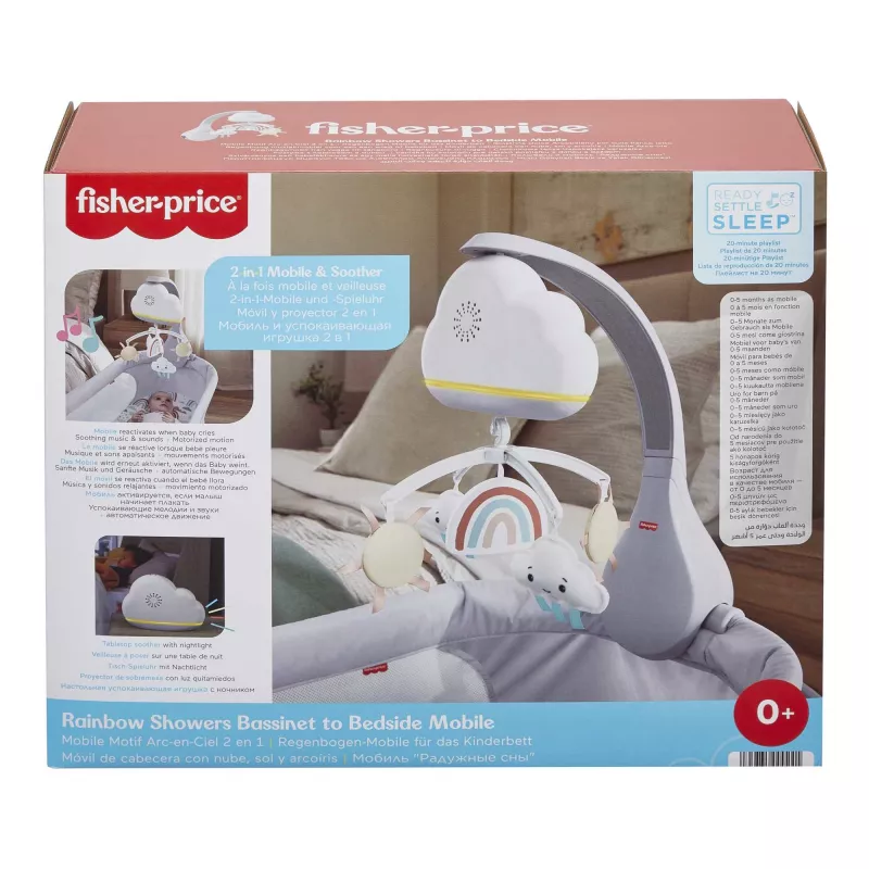 Fisher-Price Rainbow Showers Karuzela do łóżeczka z funkcją przyłóżkową, łóżeczko, dźwięk, lampka nocna, wbudowany timer, tkanina, plastik