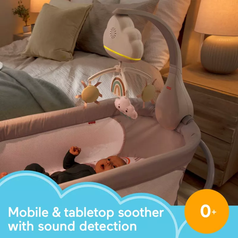 Fisher-Price Rainbow Showers Karuzela do łóżeczka z funkcją przyłóżkową, łóżeczko, dźwięk, lampka nocna, wbudowany timer, tkanina, plastik