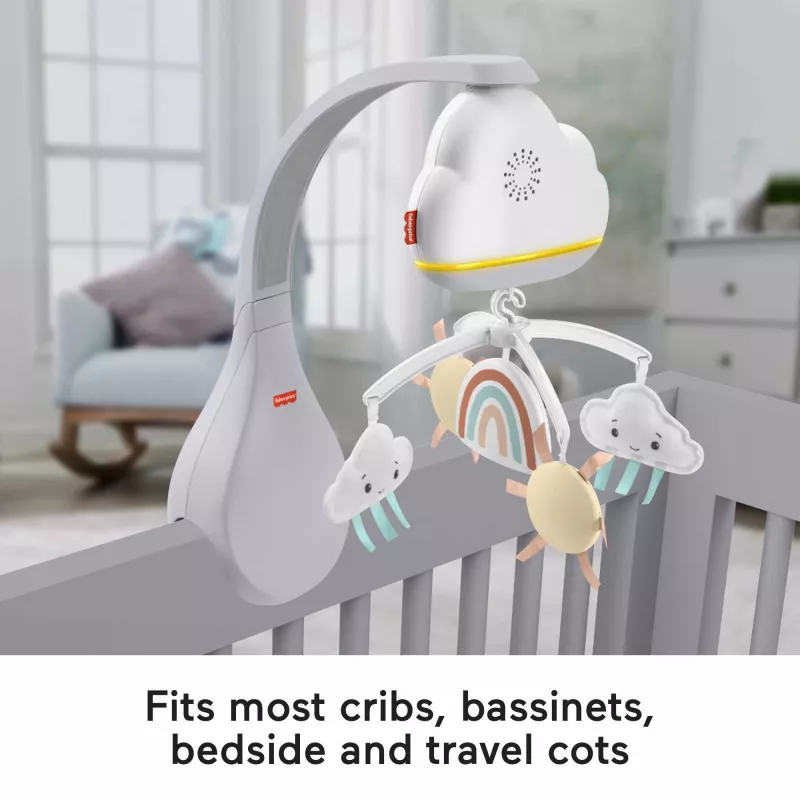Fisher-Price Rainbow Showers Karuzela do łóżeczka z funkcją przyłóżkową, łóżeczko, dźwięk, lampka nocna, wbudowany timer, tkanina, plastik