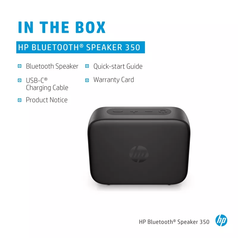 HP Czarny Głośnik Bluetooth 350, Bezprzewodowy, USB Type-C, Mono głośnik przenośny, Czarny, Prostokątny, Przyciski