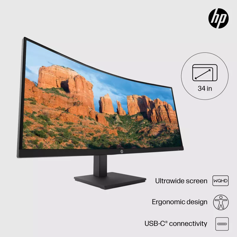 HP P34hc G4 WQHD USB-C Curved Monitor, 86,4 cm (34 cale), 3440 x 1440 pikseli, Wide Quad HD, LCD, 5 ms, Czarny