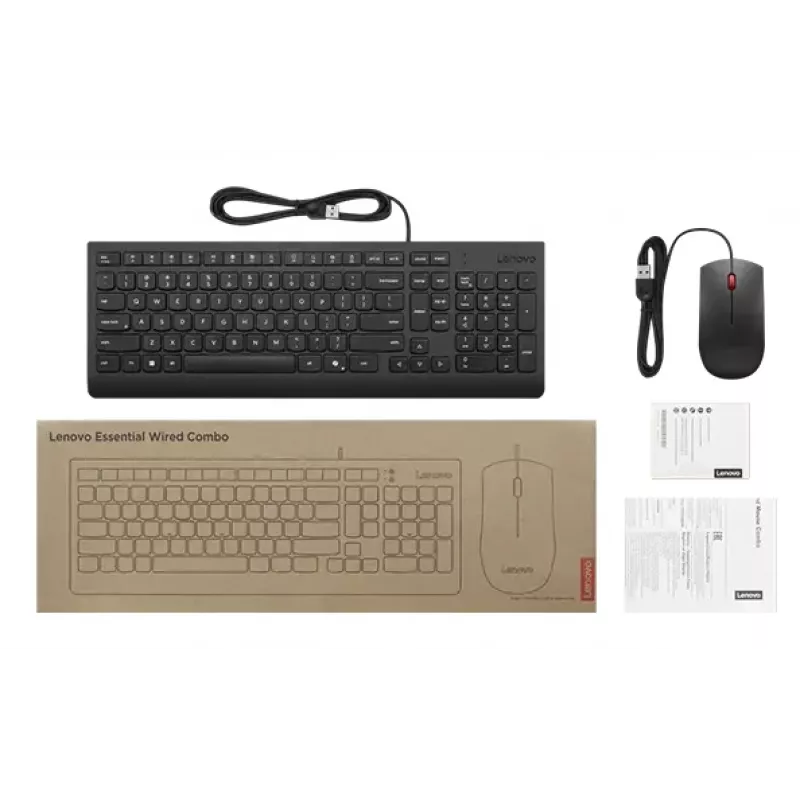 Przewodowy pełnowymiarowy zestaw klawiatury i myszy USB Lenovo 4X31R64409 — układ 100%, kabel 1,8 m, czarny, duński