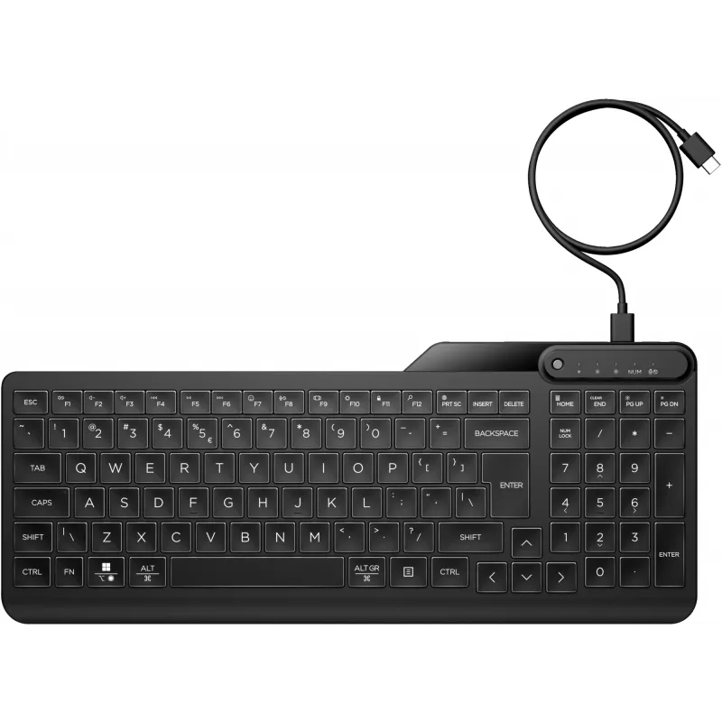 HP 405 podświetlana klawiatura przewodowa do wielu urządzeń, pełnowymiarowa (100%), przewodowa, USB, membranowa, czarna