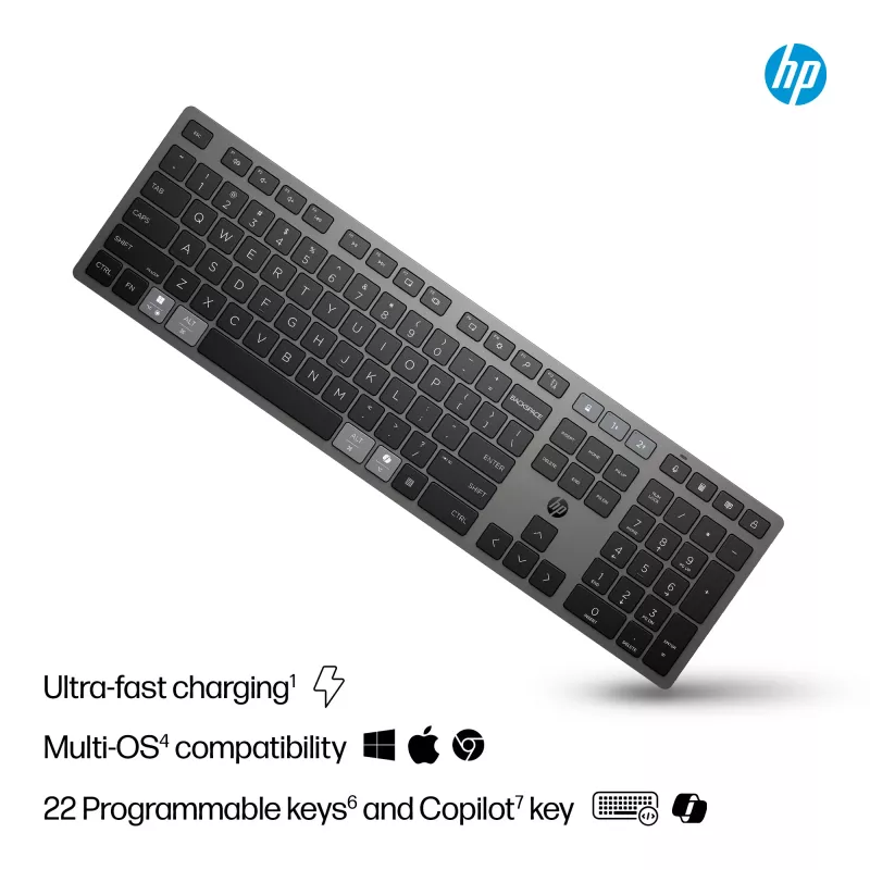 Bezprzewodowa klawiatura wielofunkcyjna HP 720 Multi-Device, ładowalna, pełnowymiarowa (100%), bezprzewodowa, USB + Bluetooth, mechaniczna, QWERTY, czarna