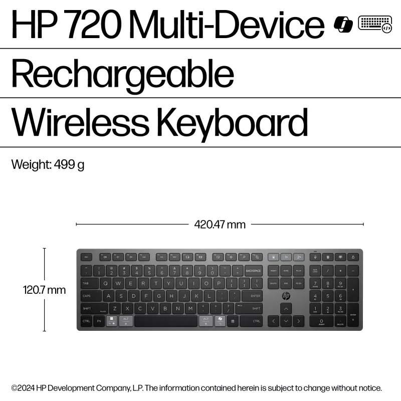 Bezprzewodowa klawiatura wielofunkcyjna HP 720 Multi-Device, ładowalna, pełnowymiarowa (100%), bezprzewodowa, USB + Bluetooth, mechaniczna, QWERTY, czarna