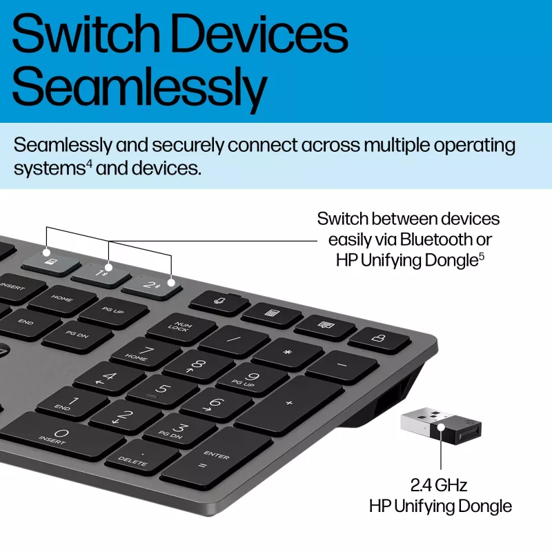 Bezprzewodowa klawiatura wielofunkcyjna HP 720 Multi-Device, ładowalna, pełnowymiarowa (100%), bezprzewodowa, USB + Bluetooth, mechaniczna, QWERTY, czarna