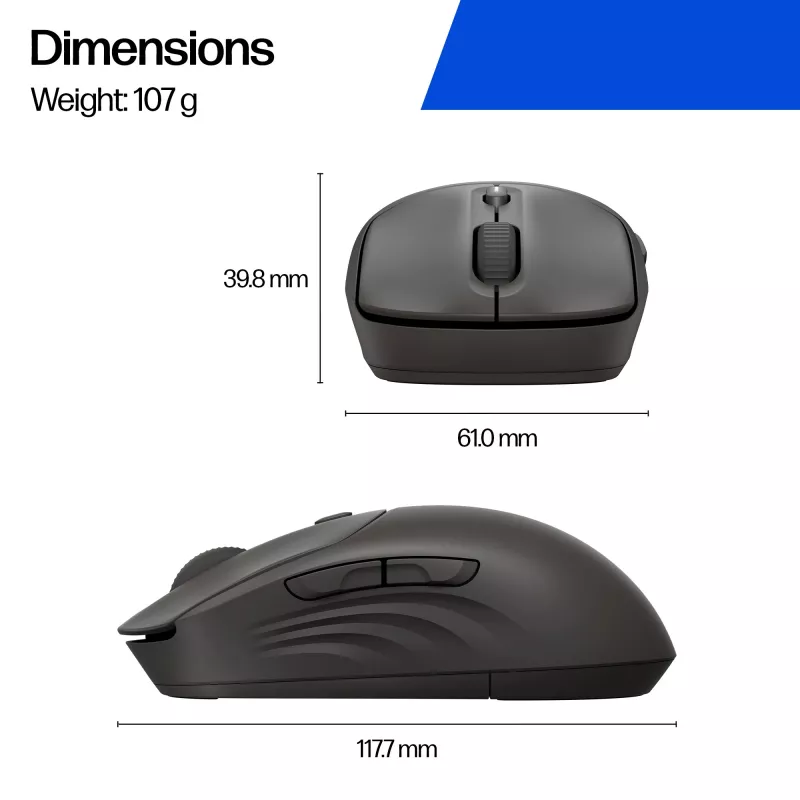 Mysz bezprzewodowa HP 405 Quiet — symetryczna, optyczna 1200 DPI, RF Bezprzewodowa + Bluetooth, 5 przycisków, zasilana bateriami, czarna