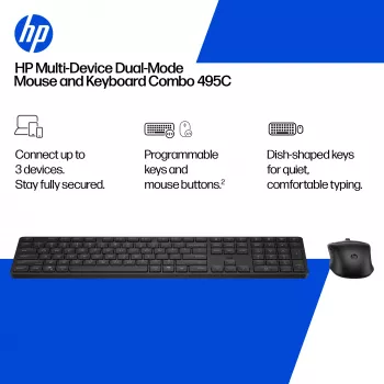 Zestaw klawiatury i myszy HP 495C — Pełnowymiarowa klawiatura bezprzewodowa, mysz wielourządzeniowa, USB/RF/Bluetooth, czarny