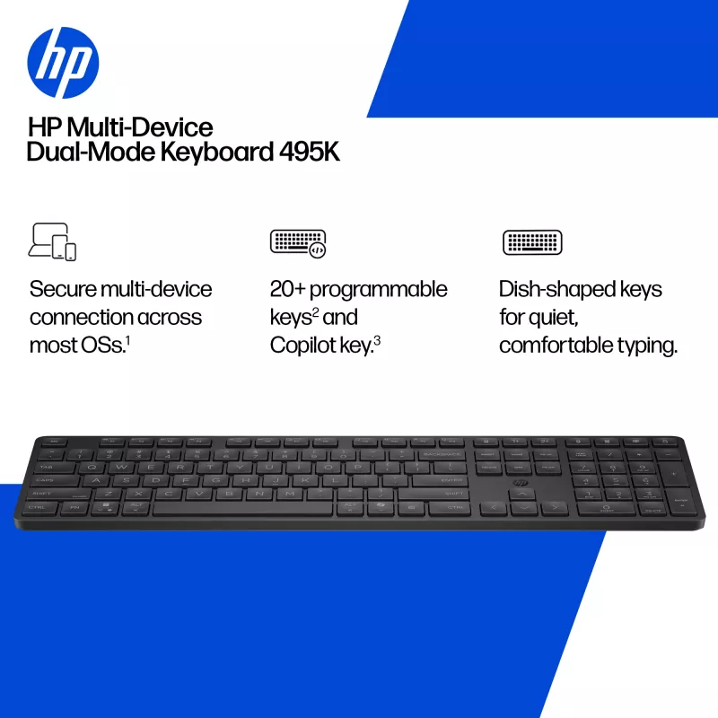Klawiatura HP 495K dwutrybowa do wielu urządzeń, pełnowymiarowa (100%), bezprzewodowa, USB + Bluetooth, czarna