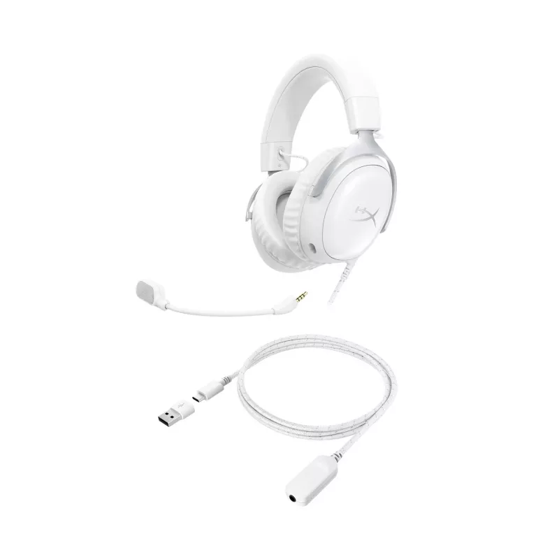 HyperX Cloud III - Zestaw słuchawkowy do gier (biały), Biały, Chiny, Tajlandia, Wokółuszne, Zamknięte, 155 mm, 86,7 mm