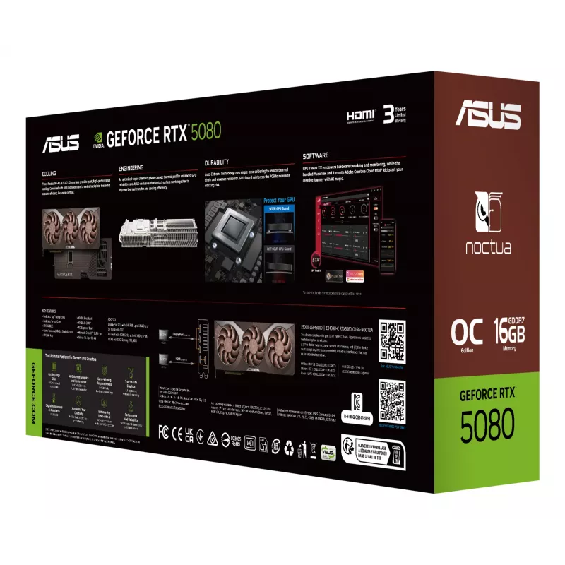 Karta graficzna ASUS GeForce RTX 5080 16 GB GDDR7, PCIe 5.0, 256-bit, 385×80×151 mm, 3 wentylatory, zasilanie 16-pin