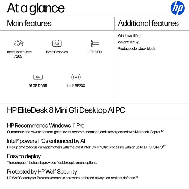 Mini PC HP EliteDesk 8 Mini G1i AI — Intel Core Ultra 7 265T, 16 GB DDR5, 1 TB SSD, Windows 11 Pro, Czarny