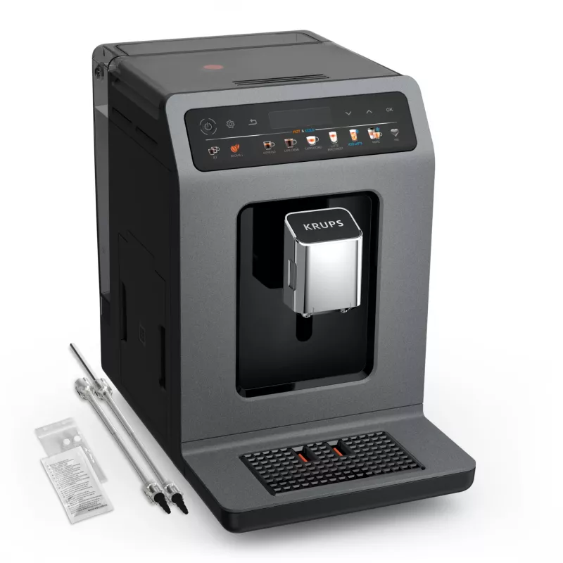 Ekspres do kawy Krups Evidence Hot & Cold EA898GF0 — w pełni automatyczny, zbiornik na wodę 2,5 l, wbudowany młynek, 2 wylewki