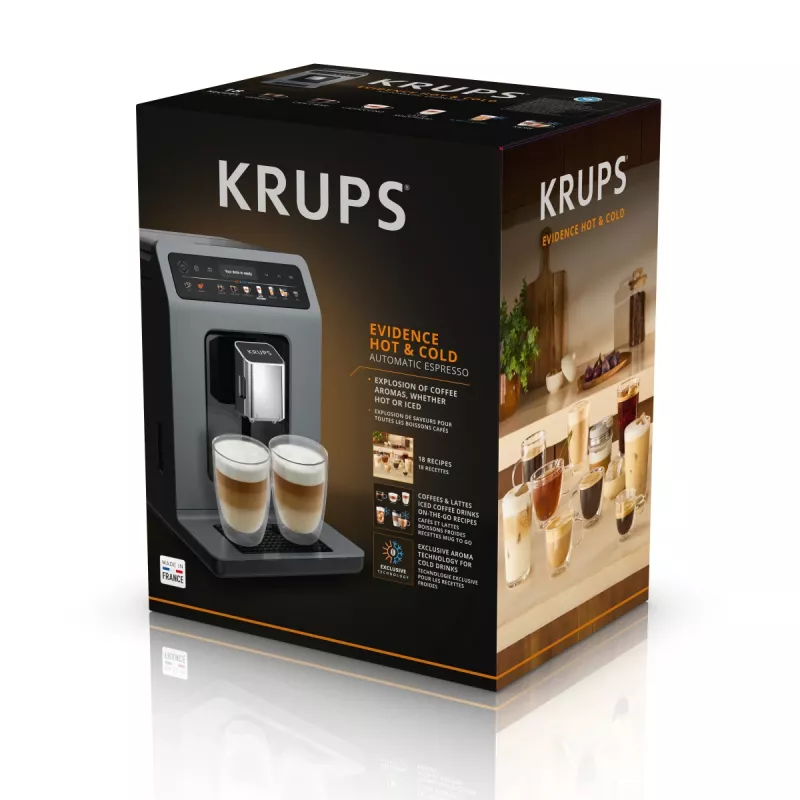 Ekspres do kawy Krups Evidence Hot & Cold EA898GF0 — w pełni automatyczny, zbiornik na wodę 2,5 l, wbudowany młynek, 2 wylewki