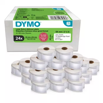 Rolki etykiet Dymo 2223589 — białe etykiety papierowe 5,4 × 2,5 cm, 500 etykiet/rolka, 12000 etykiet/opakowanie, FSC