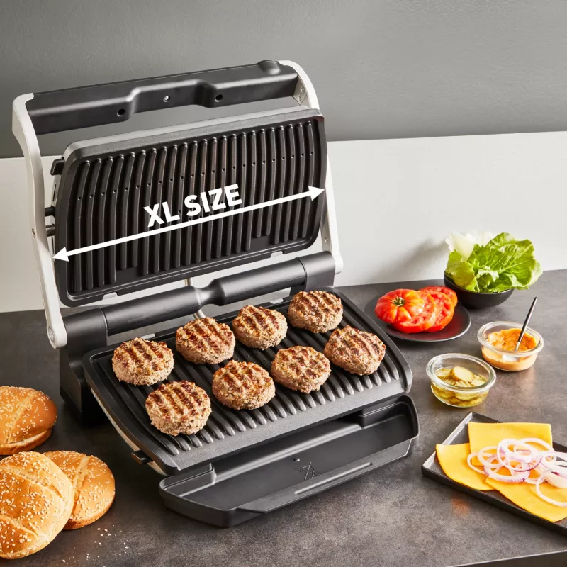 Grill kontaktowy Tefal Optigrill+ XL GC727D10 — 2000 W, prostokątna obudowa metalowa, 445×365×175 mm