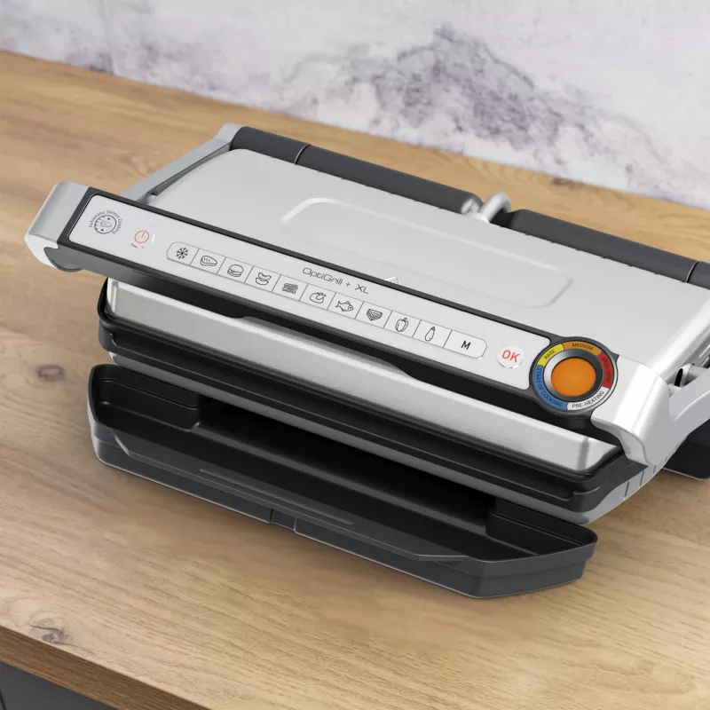 Grill kontaktowy Tefal Optigrill+ XL GC727D10 — 2000 W, prostokątna obudowa metalowa, 445×365×175 mm