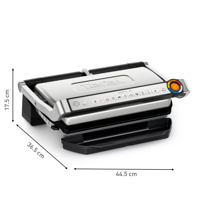 Grill kontaktowy Tefal Optigrill+ XL GC727D10 — 2000 W, prostokątna obudowa metalowa, 445×365×175 mm