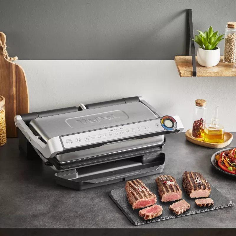 Grill kontaktowy Tefal Optigrill+ XL GC727D10 — 2000 W, prostokątna obudowa metalowa, 445×365×175 mm