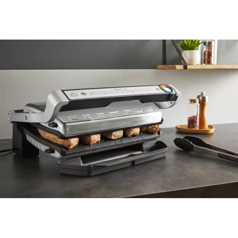 Grill kontaktowy Tefal Optigrill+ XL GC727D10 — 2000 W, prostokątna obudowa metalowa, 445×365×175 mm