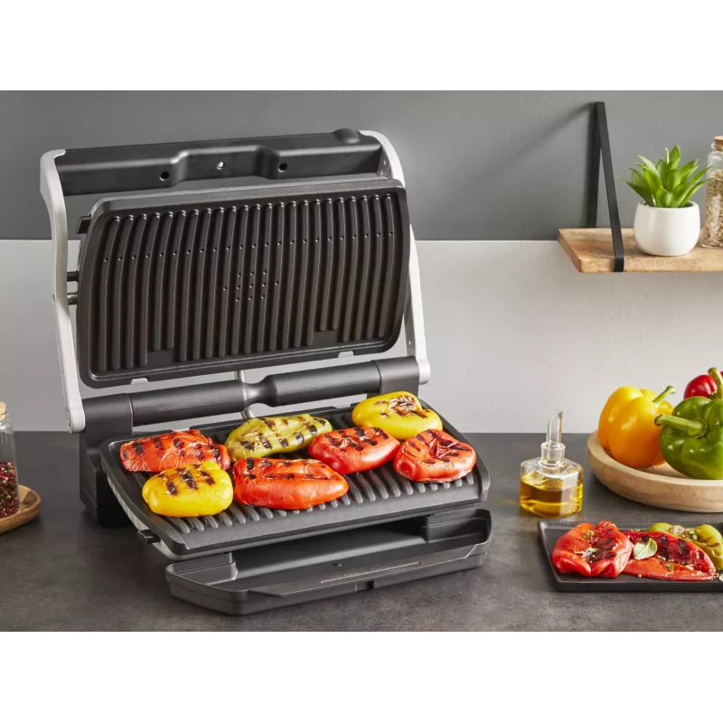 Grill kontaktowy Tefal Optigrill+ XL GC727D10 — 2000 W, prostokątna obudowa metalowa, 445×365×175 mm