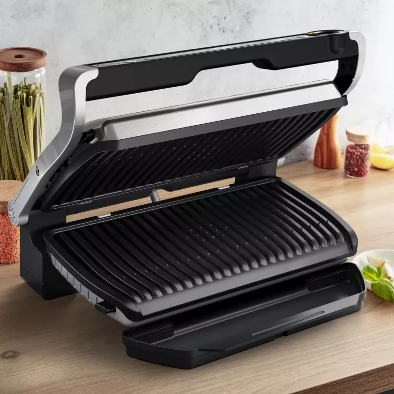 Grill kontaktowy Tefal Optigrill+ XL GC727D10 — 2000 W, prostokątna obudowa metalowa, 445×365×175 mm