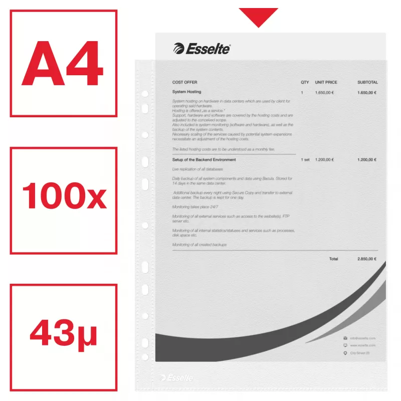 Esselte Koszulki plastikowe A4 - Economy -, 210 x 297 mm (A4), Przezroczysty, Polipropylen (PP), Pionowa, Górne, 230 mm