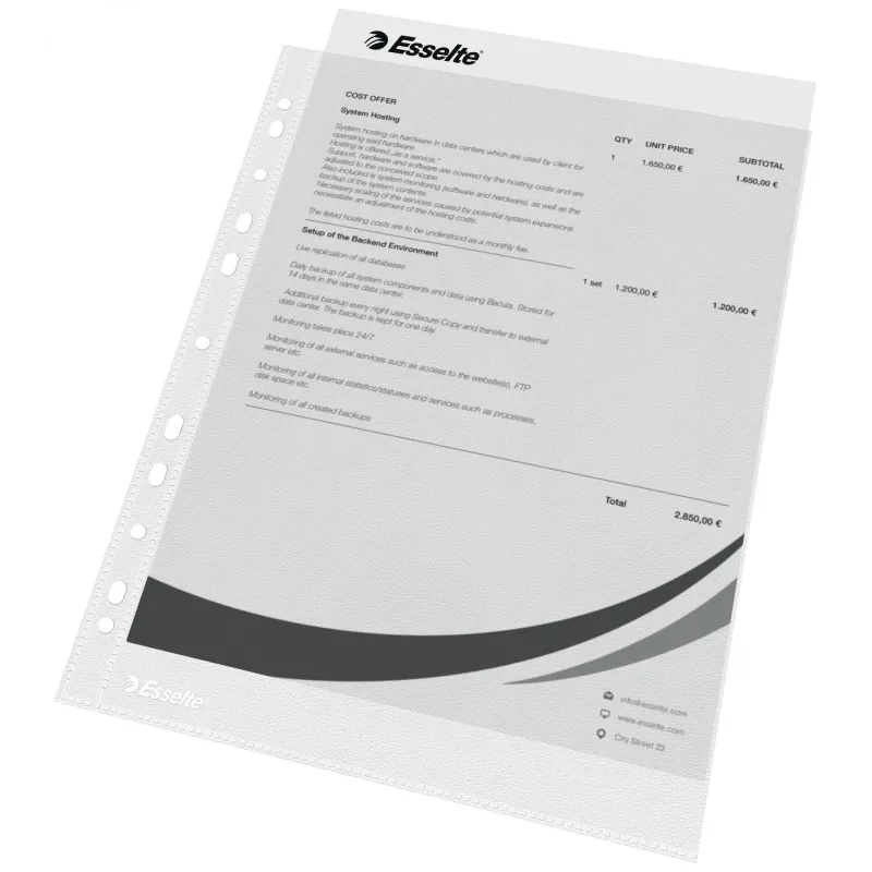 Esselte Koszulki plastikowe A4 - Economy -, 210 x 297 mm (A4), Przezroczysty, Polipropylen (PP), Pionowa, Górne, 230 mm