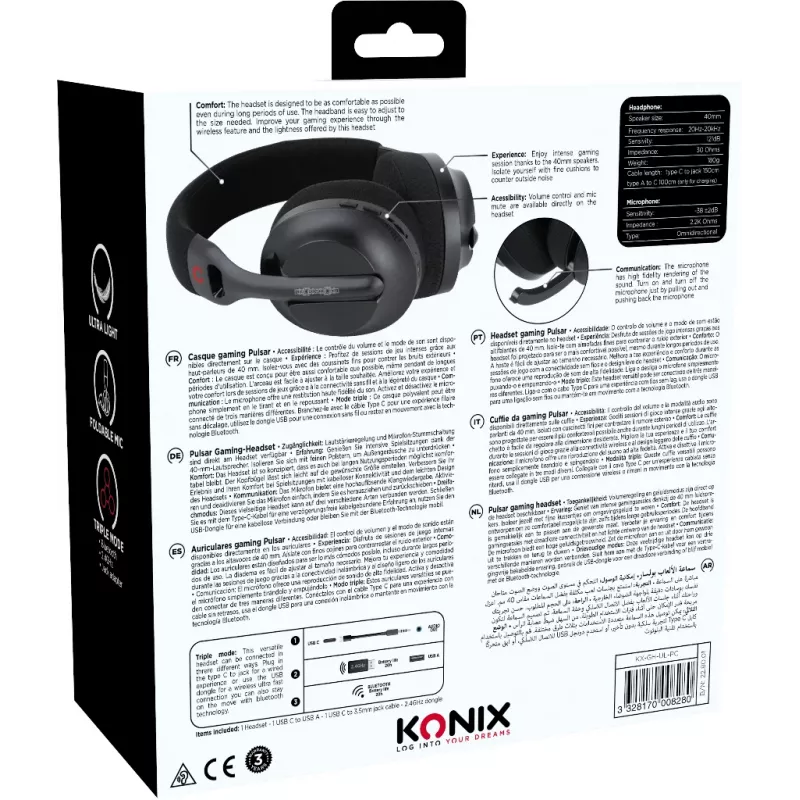 Zestaw słuchawkowy Konix PULSAR Przewodowy i bezprzewodowy Nagłowny Gaming USB Type-C Bluetooth Czarny