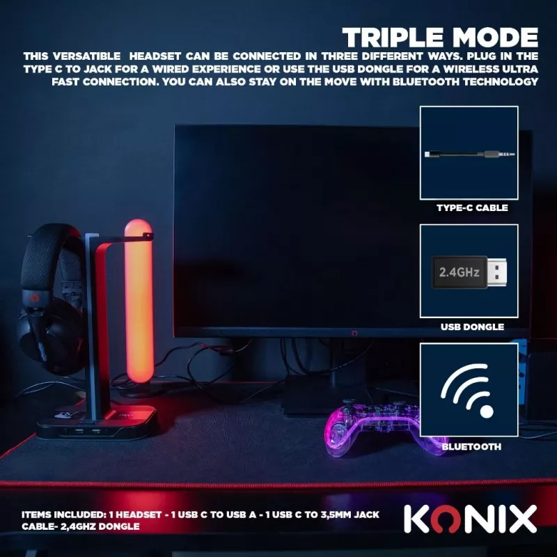 Zestaw słuchawkowy Konix PULSAR Przewodowy i bezprzewodowy Nagłowny Gaming USB Type-C Bluetooth Czarny