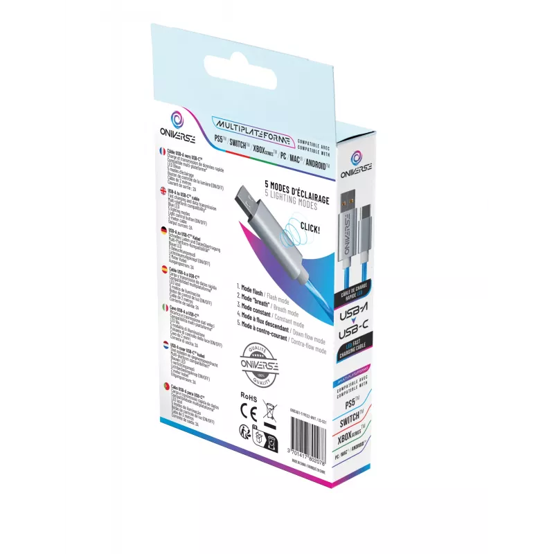 Oniverse Kabel USB-A do USB-C Quick Charge z diodą LED – 2 metry – biały (Wieloplatformowy)