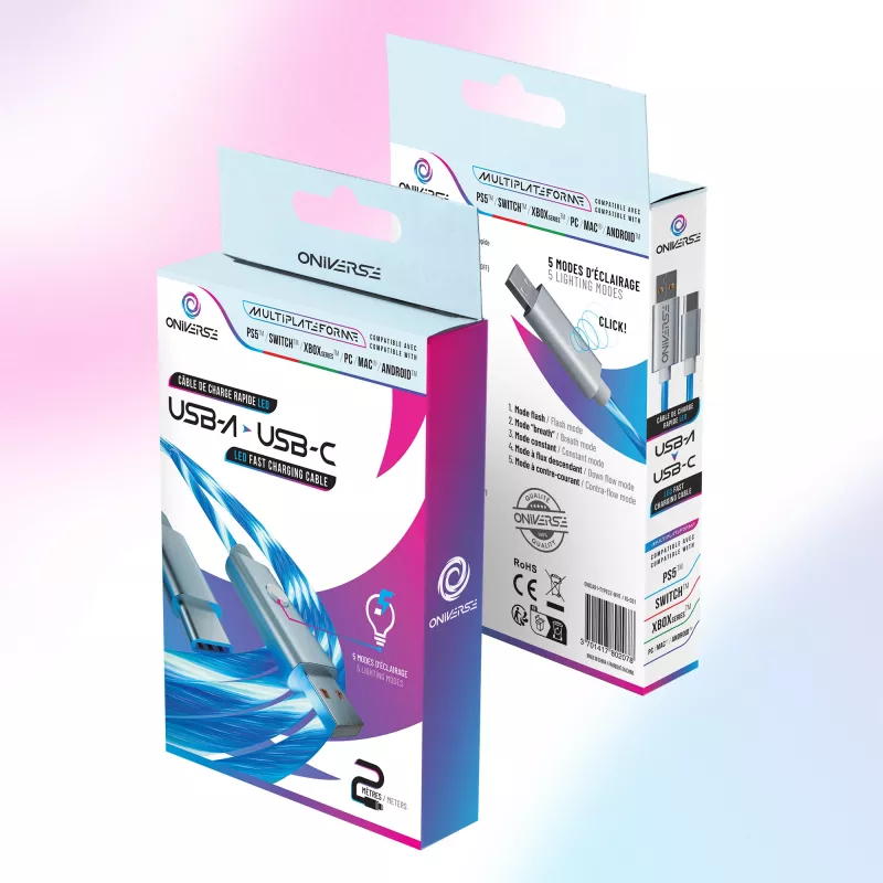 Oniverse Kabel USB-A do USB-C Quick Charge z diodą LED – 2 metry – biały (Wieloplatformowy)