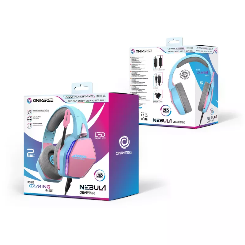 Oniverse Gaming Headset Nebula - Diva Pink (Multiplatform), przewodowy, gaming, 20 - 20000 Hz, 356 g, zestaw słuchawkowy, cyjan, różowy