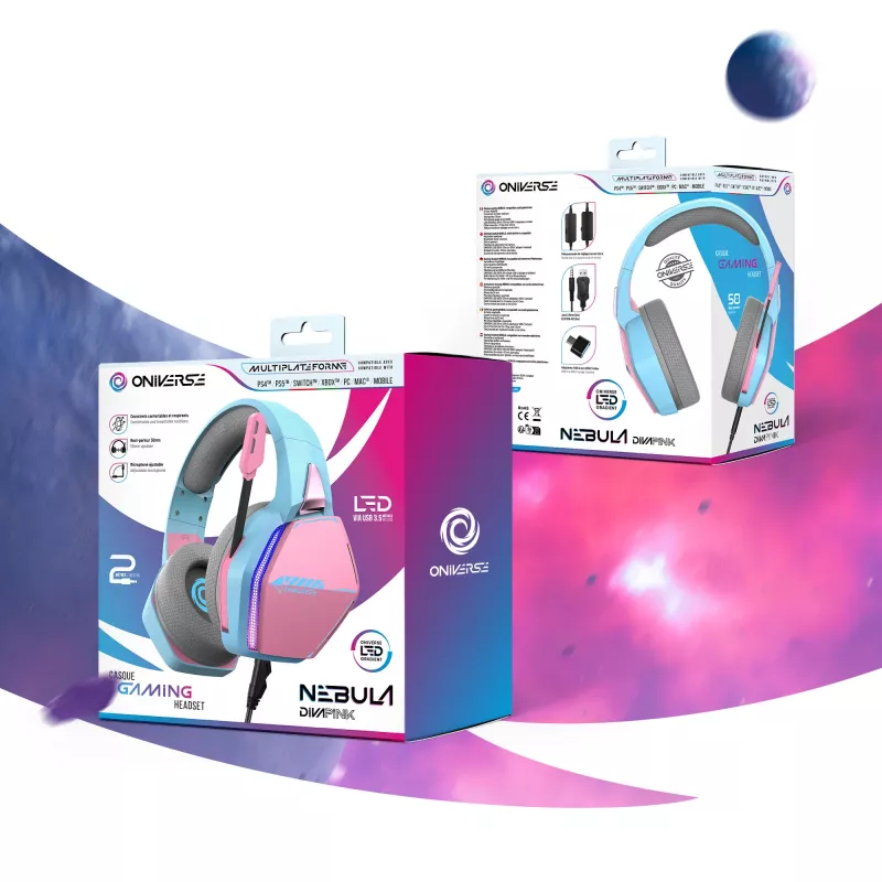Oniverse Gaming Headset Nebula - Diva Pink (Multiplatform), przewodowy, gaming, 20 - 20000 Hz, 356 g, zestaw słuchawkowy, cyjan, różowy