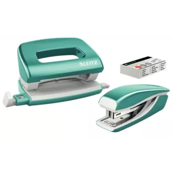 Leitz Zszywacz i dziurkacz zestaw Mini WOW, 10 arkuszy, niebieski, metaliczny, perłowy, P2, metal, plastik, 80 g/m², 3,5 cm