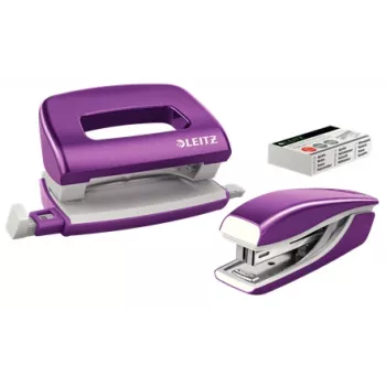 Zestaw zszywacza i dziurkacza Leitz Mini WOW, 10 arkuszy, Metaliczny, Fioletowy, Metal, Plastik, 80 g/m², 3,5 cm, Tylny