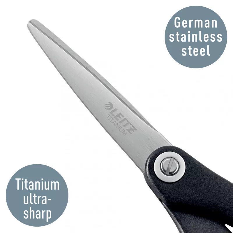 Nożyczki Leitz Titanium Quality 150 mm, dla dorosłych, proste cięcie, pojedyncze, czarne, metaliczne, stal nierdzewna, tytan