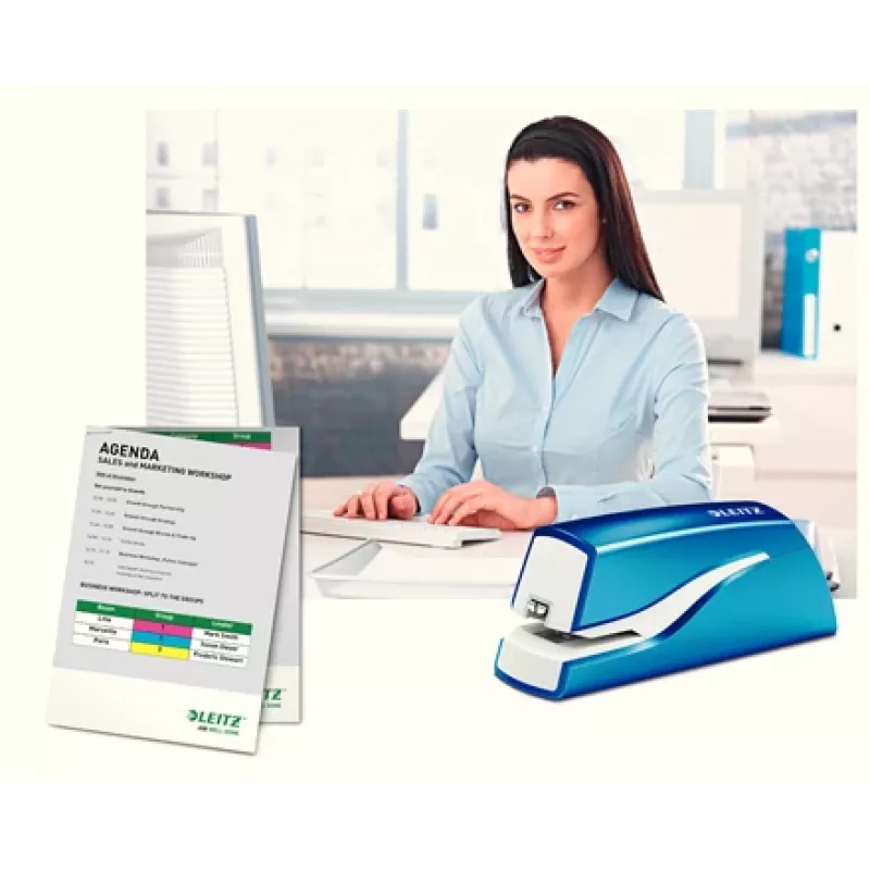 Leitz NeXXt Stapler Battery-powered WOW 5566, 10 sheets, 1 cm, Tworzywo sztuczne, niebieski, biały, Battery, 50 mm