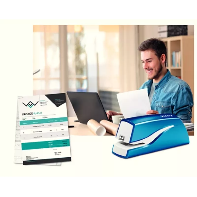 Leitz NeXXt Stapler Battery-powered WOW 5566, 10 sheets, 1 cm, Tworzywo sztuczne, niebieski, biały, Battery, 50 mm