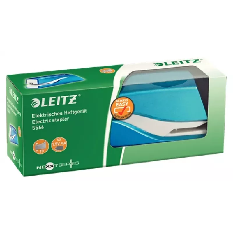 Leitz NeXXt Stapler Battery-powered WOW 5566, 10 sheets, 1 cm, Tworzywo sztuczne, niebieski, biały, Battery, 50 mm
