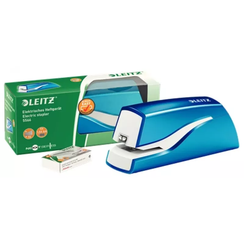 Leitz NeXXt Stapler Battery-powered WOW 5566, 10 sheets, 1 cm, Tworzywo sztuczne, niebieski, biały, Battery, 50 mm