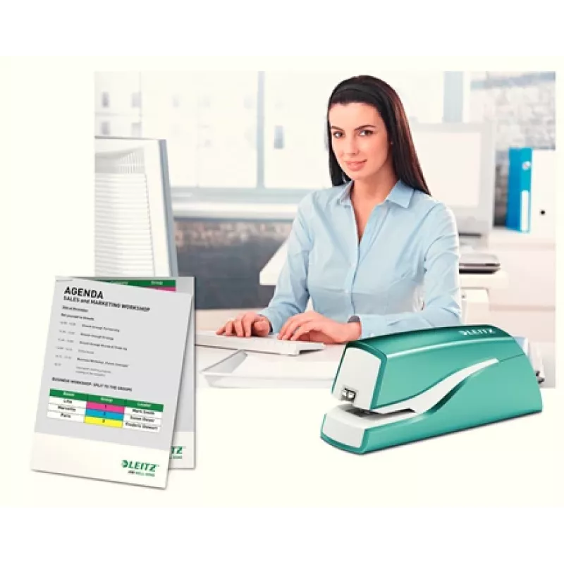 Leitz NeXXt Zszywacz bateryjny WOW 5566, 10 arkuszy, 1 cm, tworzywo sztuczne, niebieski, biały, bateria, 50 mm