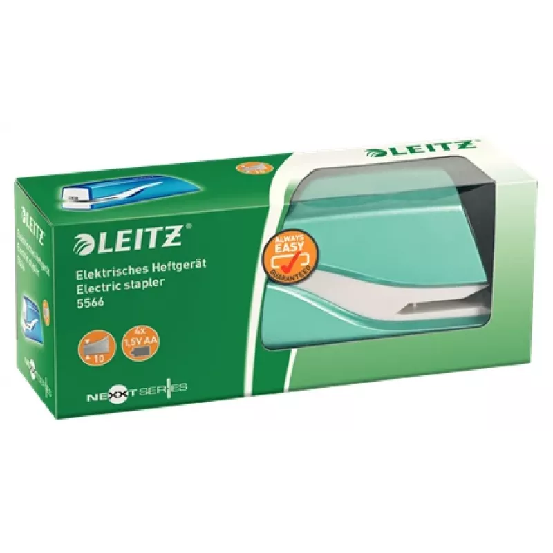 Leitz NeXXt Zszywacz bateryjny WOW 5566, 10 arkuszy, 1 cm, tworzywo sztuczne, niebieski, biały, bateria, 50 mm