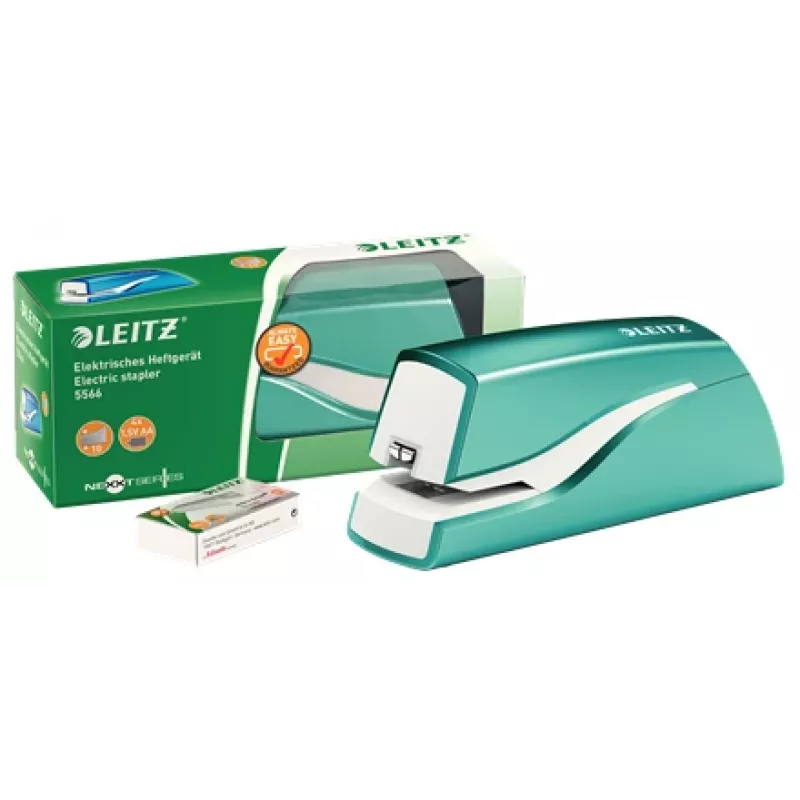 Leitz NeXXt Zszywacz bateryjny WOW 5566, 10 arkuszy, 1 cm, tworzywo sztuczne, niebieski, biały, bateria, 50 mm