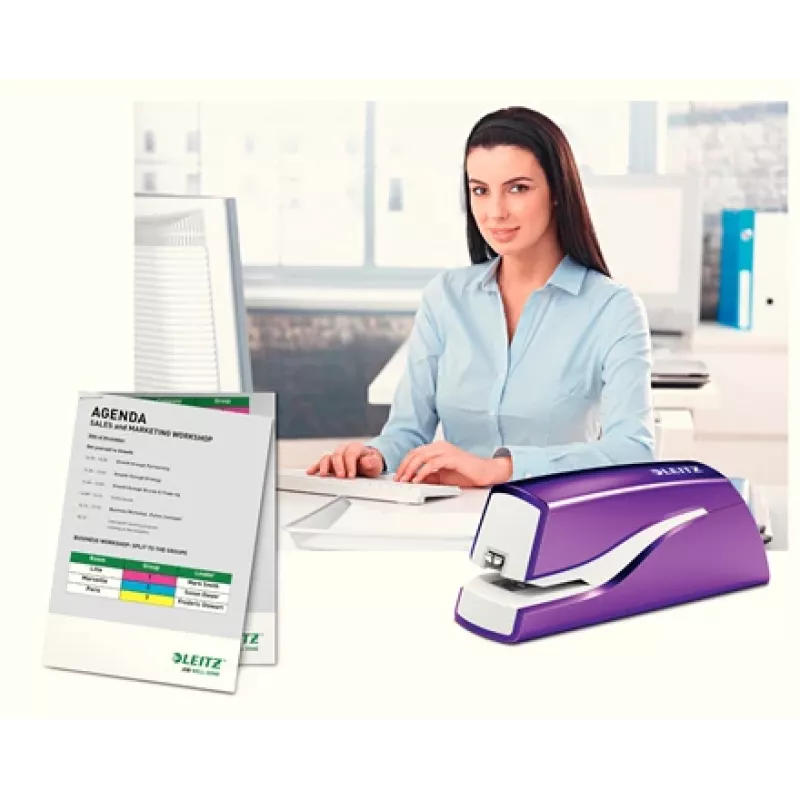 Zszywacz bateryjny Leitz NeXXt WOW 5566, 10 kartek, 1 cm, tworzywo sztuczne, fioletowy, biały, bateria, 50 mm