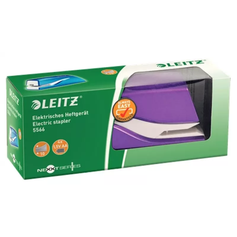 Zszywacz bateryjny Leitz NeXXt WOW 5566, 10 kartek, 1 cm, tworzywo sztuczne, fioletowy, biały, bateria, 50 mm