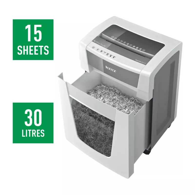 Niszczarka Leitz IQ Office Pro P5, cięcie mikro, 23 cm, 2 x 15 mm, 30 l, 300 arkuszy, 55 dB