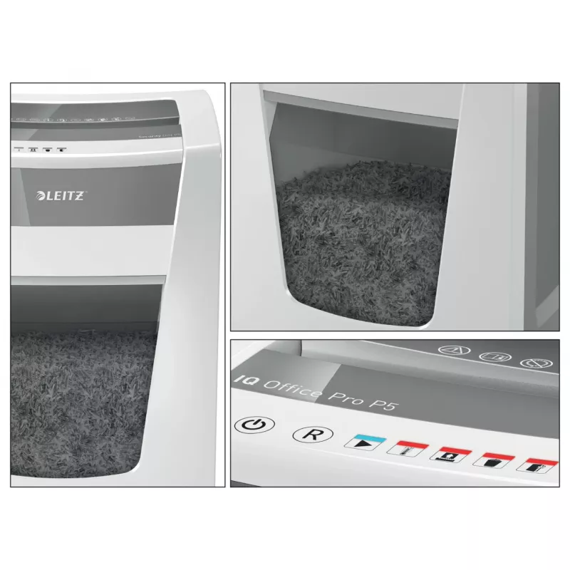 Niszczarka Leitz IQ Office Pro P5, cięcie mikro, 23 cm, 2 x 15 mm, 30 l, 300 arkuszy, 55 dB